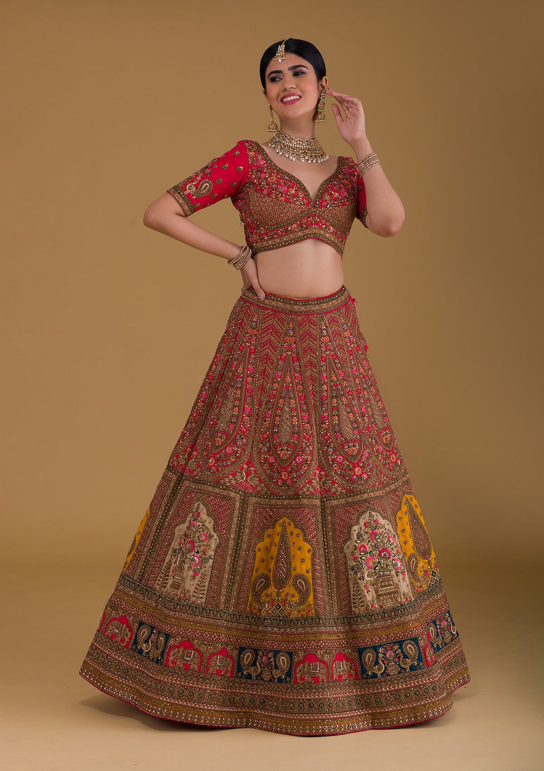 Rani Pink Stonework Raw Silk Designer Lehenga-Koskii