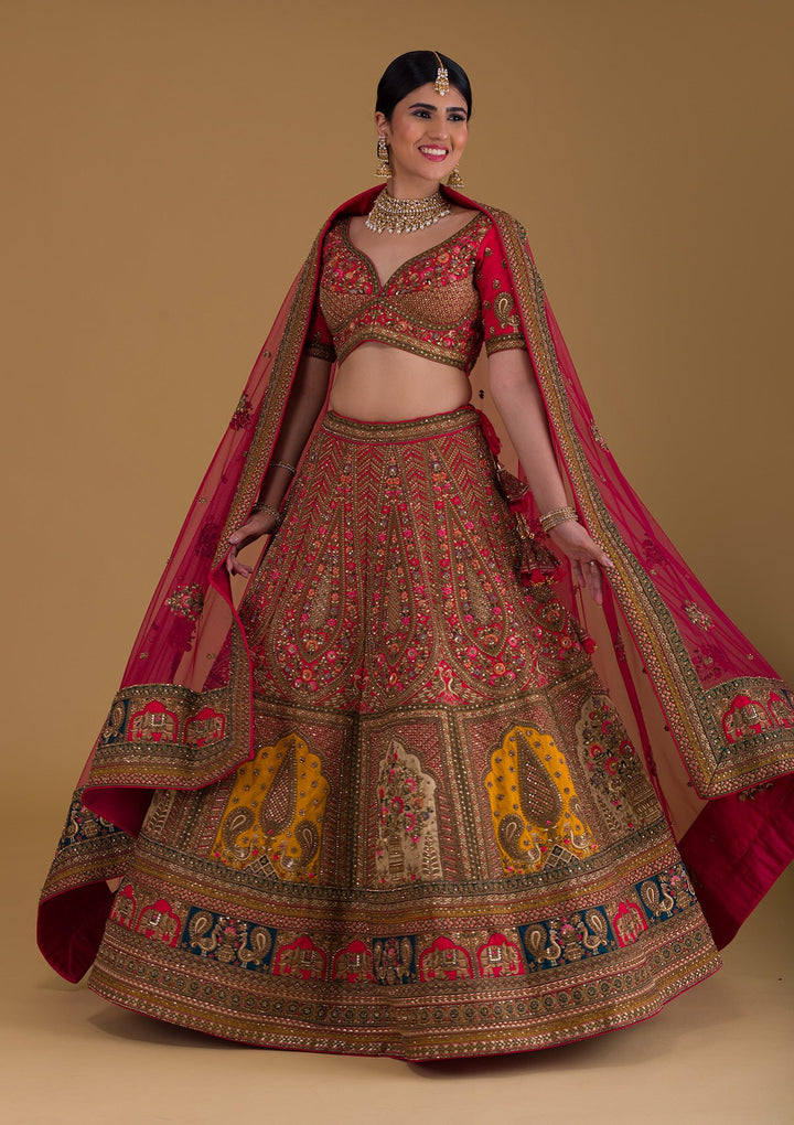 Rani Pink Stonework Raw Silk Designer Lehenga-Koskii