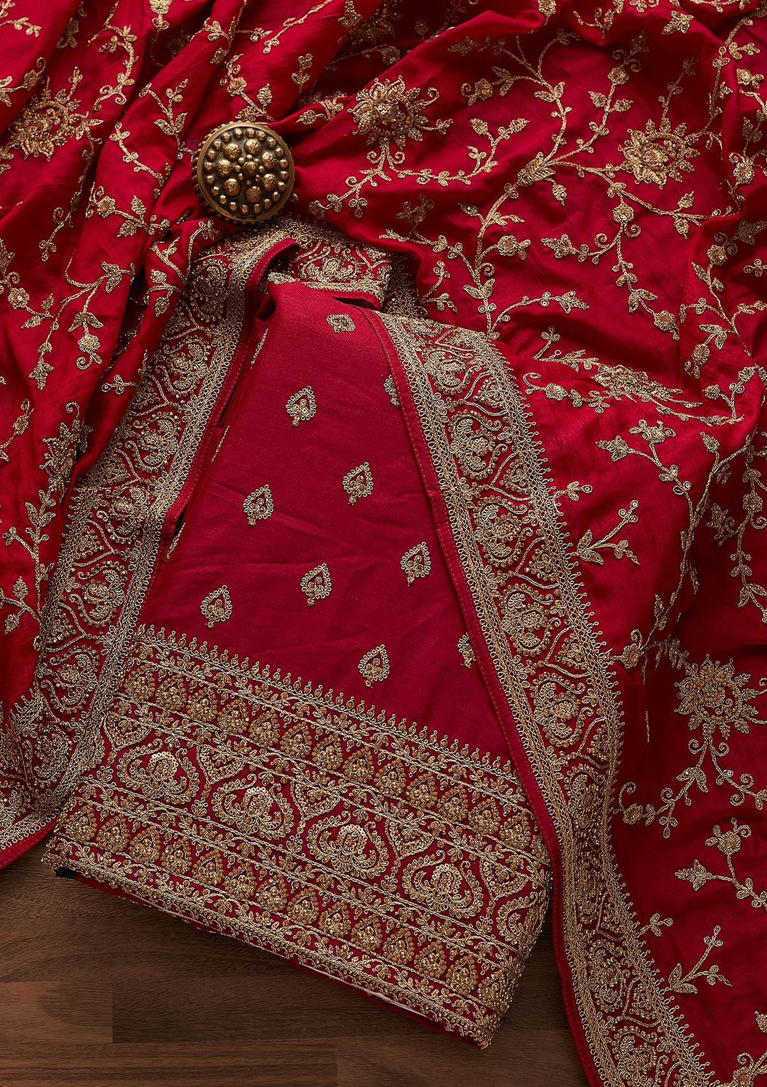 Rani Pink Stonework Raw Silk Designer Unstitched Salwar Suit - Koskii