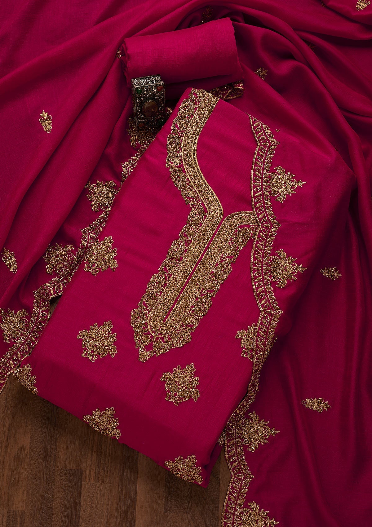 Rani Pink Stonework Raw Silk Unstitched Salwar Suit-Koskii