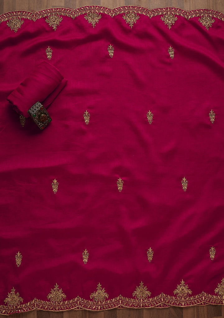 Rani Pink Stonework Raw Silk Unstitched Salwar Suit-Koskii