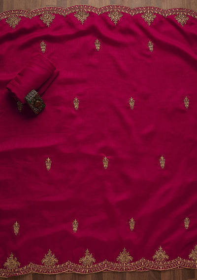 Rani Pink Stonework Raw Silk Unstitched Salwar Suit-Koskii