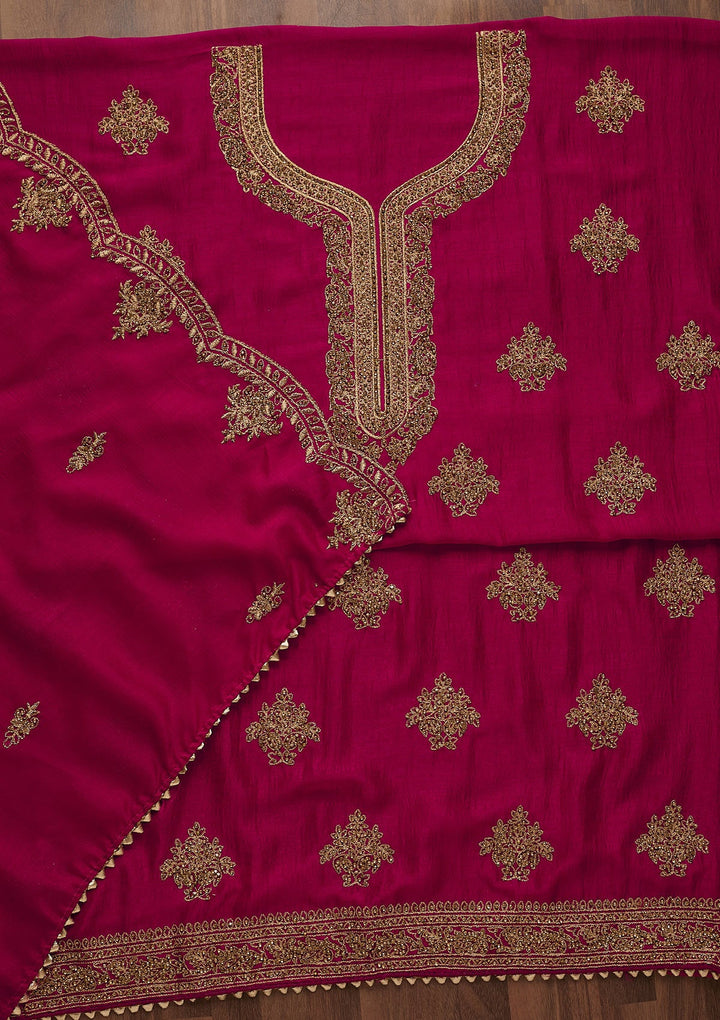 Rani Pink Stonework Raw Silk Unstitched Salwar Suit-Koskii