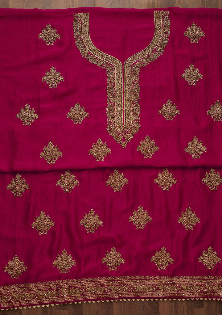 Rani Pink Stonework Raw Silk Unstitched Salwar Suit-Koskii