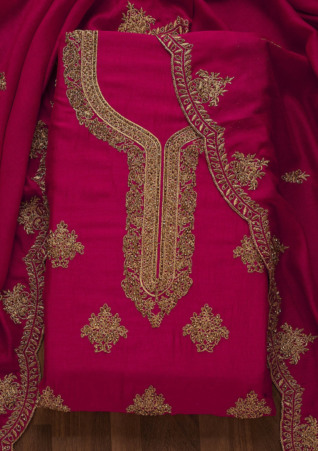 Rani Pink Stonework Raw Silk Unstitched Salwar Suit-Koskii