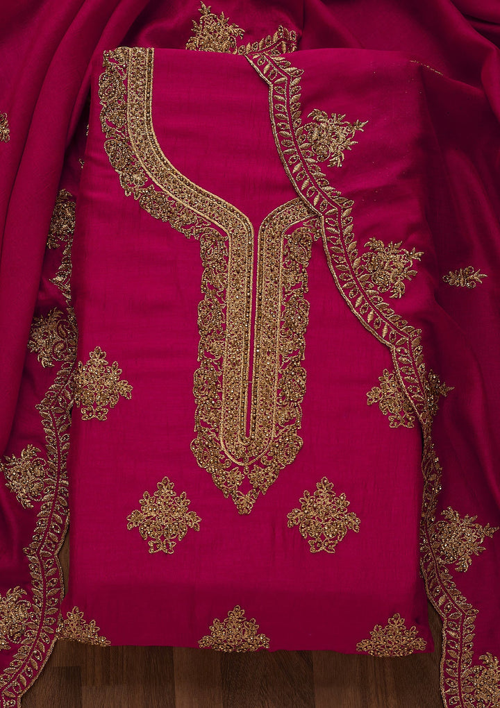 Rani Pink Stonework Raw Silk Unstitched Salwar Suit-Koskii