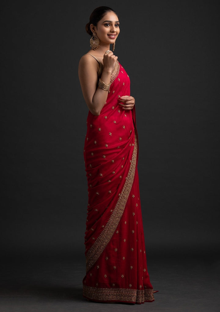Rani Pink Stonework Raw Silk Designer Saree - koskii