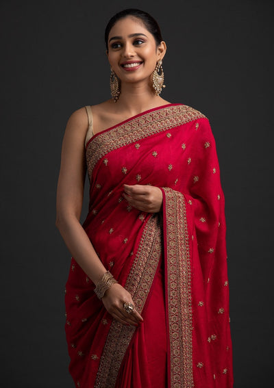 Rani Pink Stonework Raw Silk Designer Saree - koskii