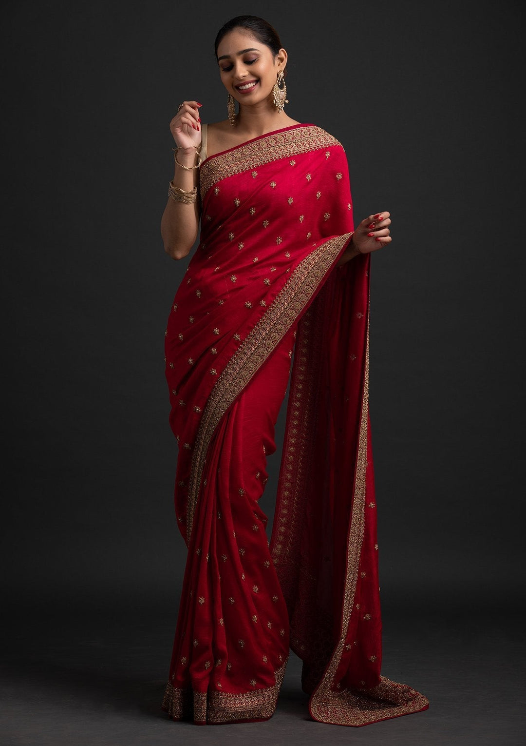 Rani Pink Stonework Raw Silk Designer Saree - koskii