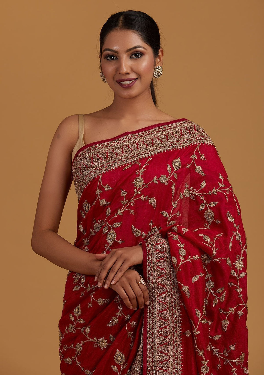 Rani Pink Stonework Raw Silk Designer Saree - Koskii