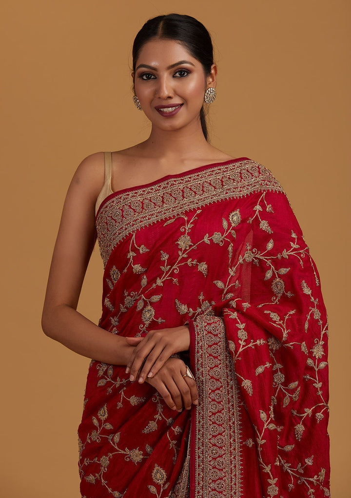 Rani Pink Stonework Raw Silk Designer Saree - Koskii