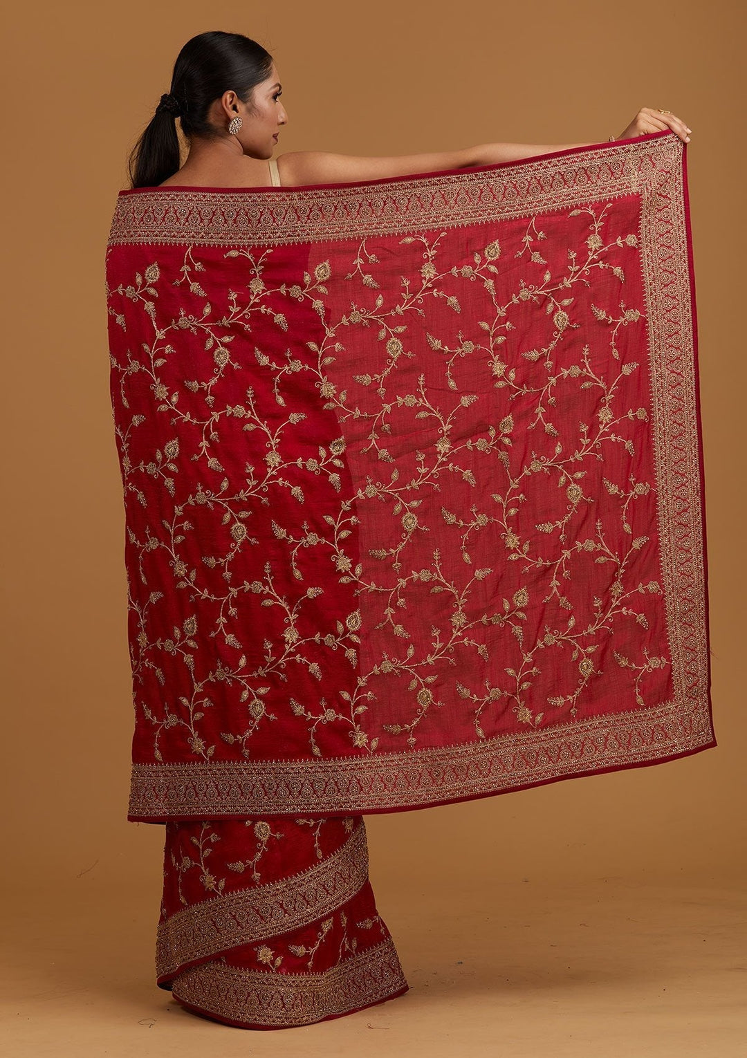 Rani Pink Stonework Raw Silk Designer Saree - Koskii