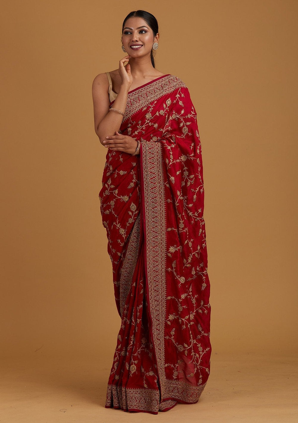 Rani Pink Stonework Raw Silk Designer Saree - Koskii