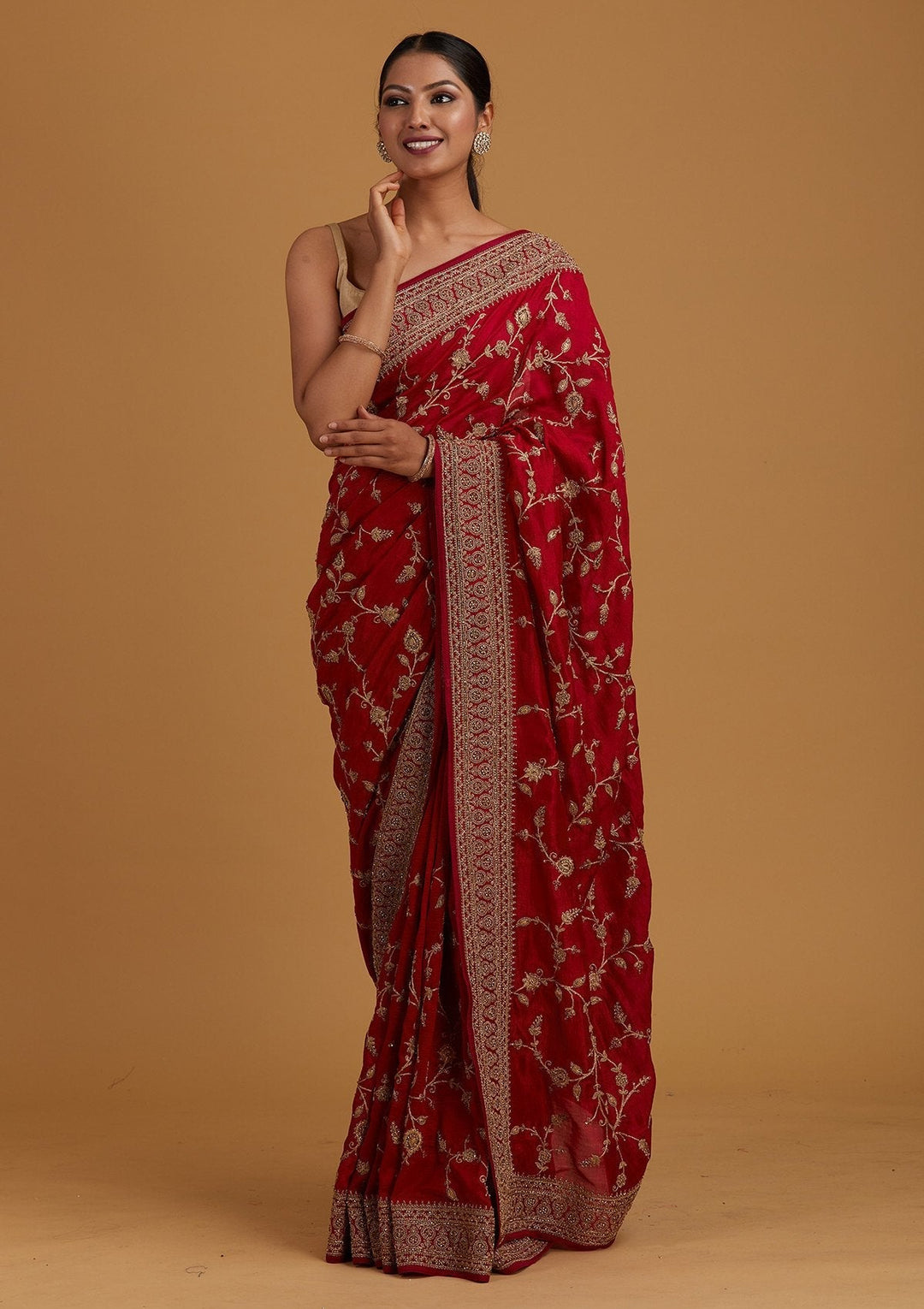 Rani Pink Stonework Raw Silk Designer Saree - Koskii