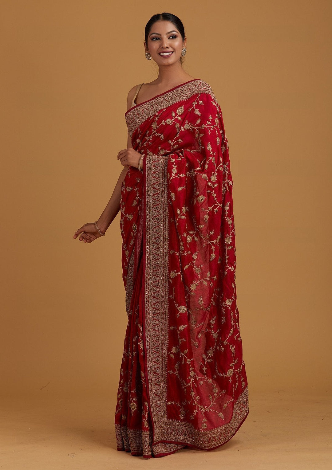 Rani Pink Stonework Raw Silk Designer Saree - Koskii