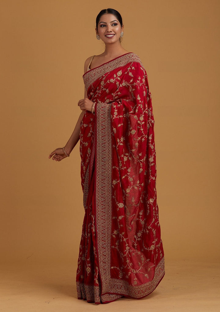 Rani Pink Stonework Raw Silk Designer Saree - Koskii