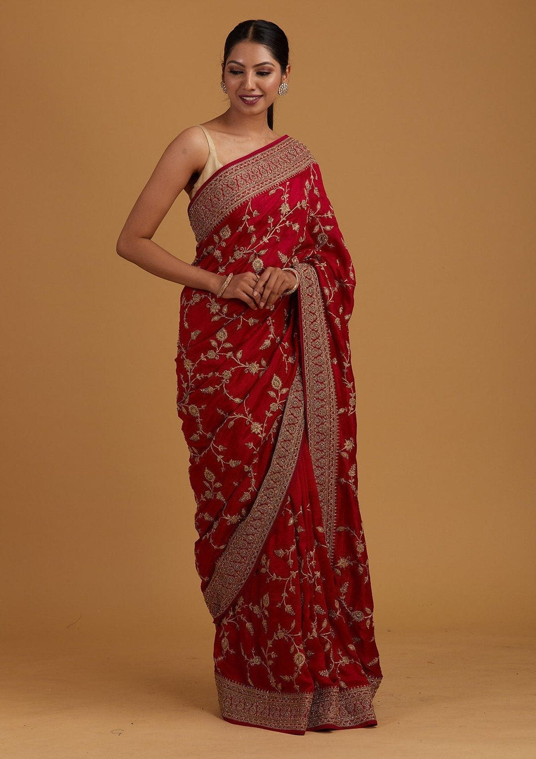 Rani Pink Stonework Raw Silk Designer Saree - Koskii