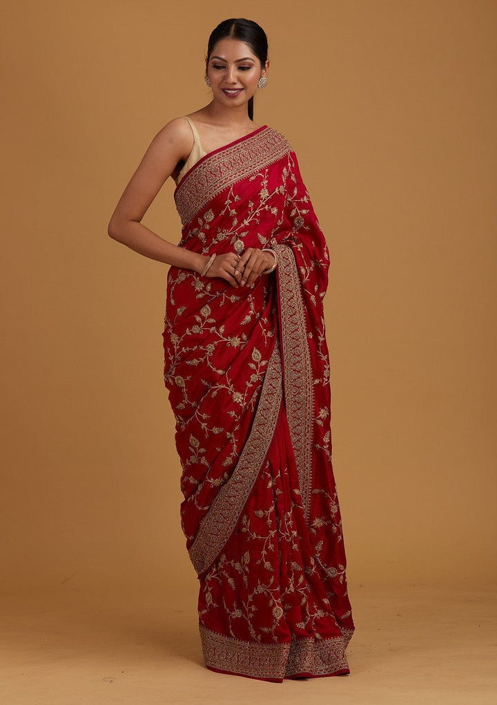 Rani Pink Stonework Raw Silk Designer Saree - Koskii