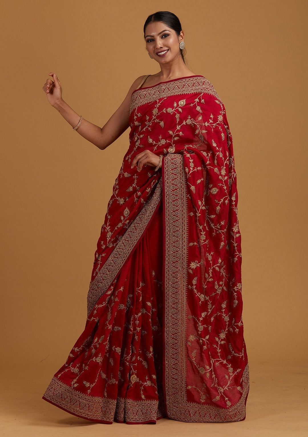 Rani Pink Stonework Raw Silk Designer Saree - Koskii
