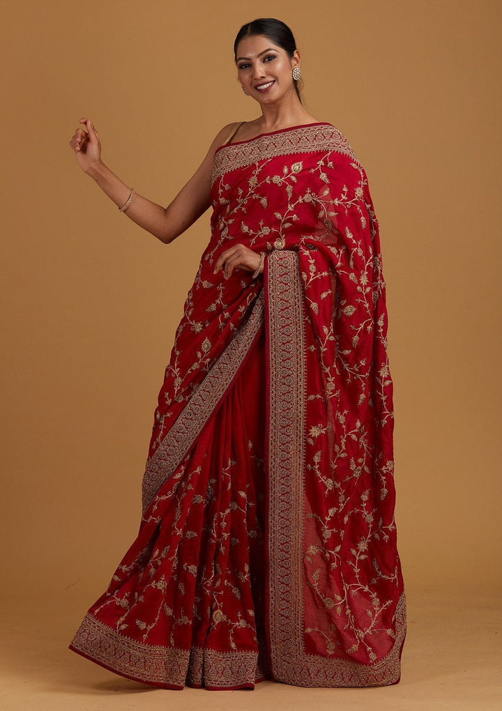Rani Pink Stonework Raw Silk Designer Saree - Koskii