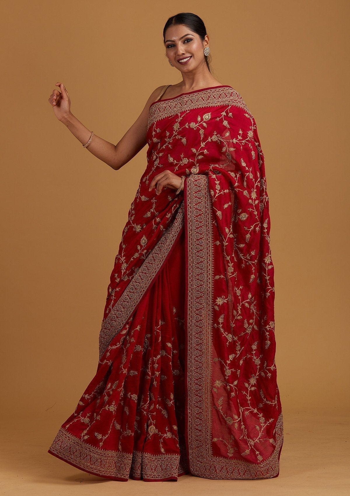Rani Pink Stonework Raw Silk Designer Saree - Koskii