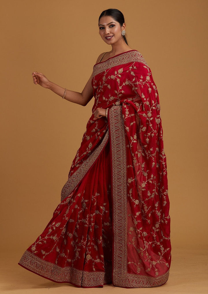 Rani Pink Stonework Raw Silk Designer Saree - Koskii