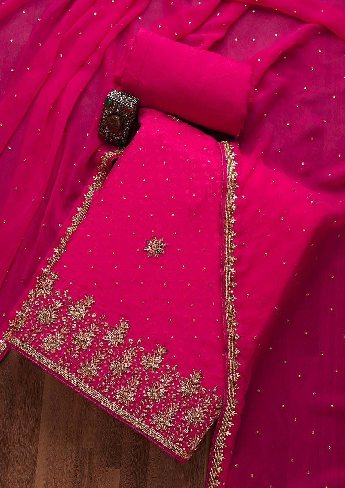 Rani Pink Stonework Semi Crepe Designer Unstitched Salwar Suit-Koskii