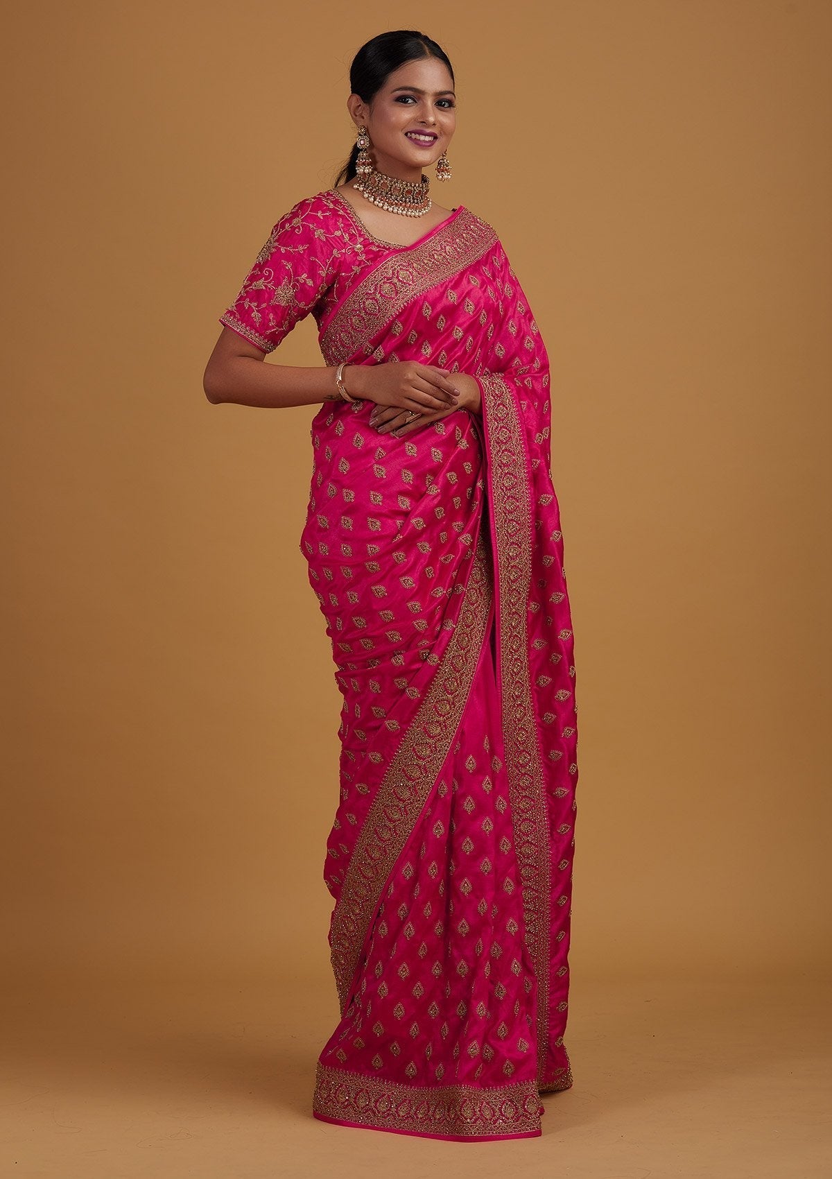 Rani Pink Stonework Semi Crepe Designer Saree - Koskii
