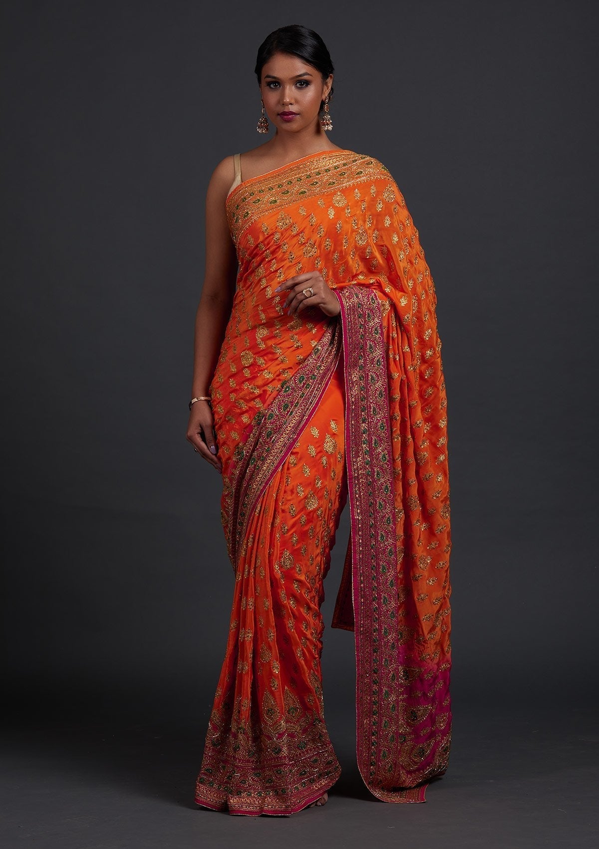 Orange Stonework Semi Crepe Designer Saree - Koskii