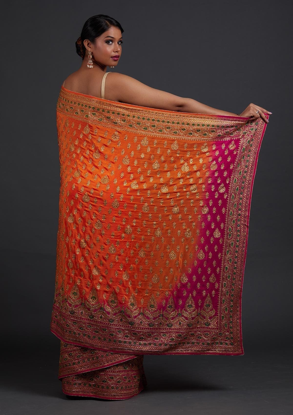 Orange Stonework Semi Crepe Designer Saree - Koskii
