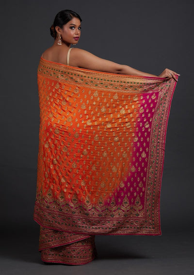 Orange Stonework Semi Crepe Designer Saree - Koskii
