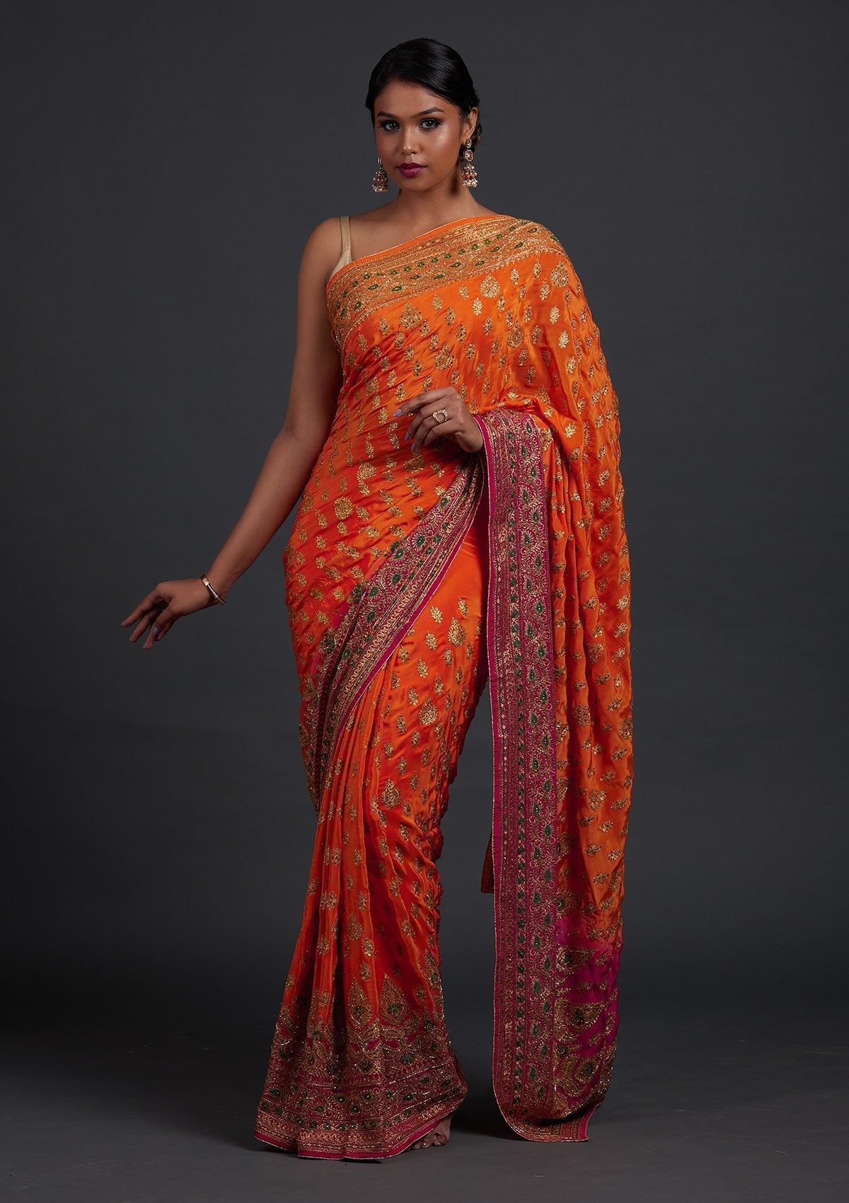 Orange Stonework Semi Crepe Designer Saree - Koskii