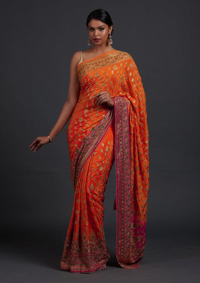 Orange Stonework Semi Crepe Designer Saree - Koskii