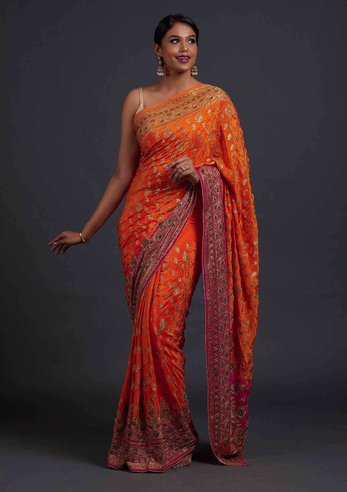 Orange Stonework Semi Crepe Designer Saree - Koskii