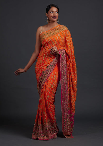 Orange Stonework Semi Crepe Designer Saree - Koskii