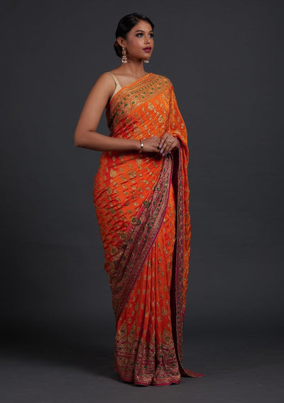 Orange Stonework Semi Crepe Designer Saree - Koskii