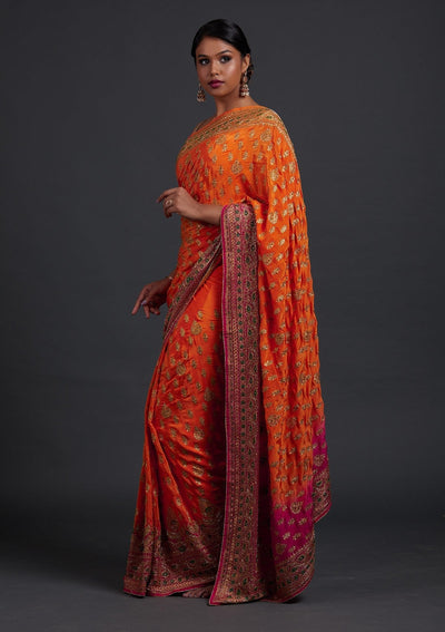 Orange Stonework Semi Crepe Designer Saree - Koskii