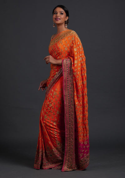 Orange Stonework Semi Crepe Designer Saree - Koskii