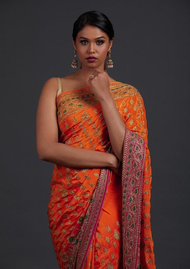 Orange Stonework Semi Crepe Designer Saree - Koskii