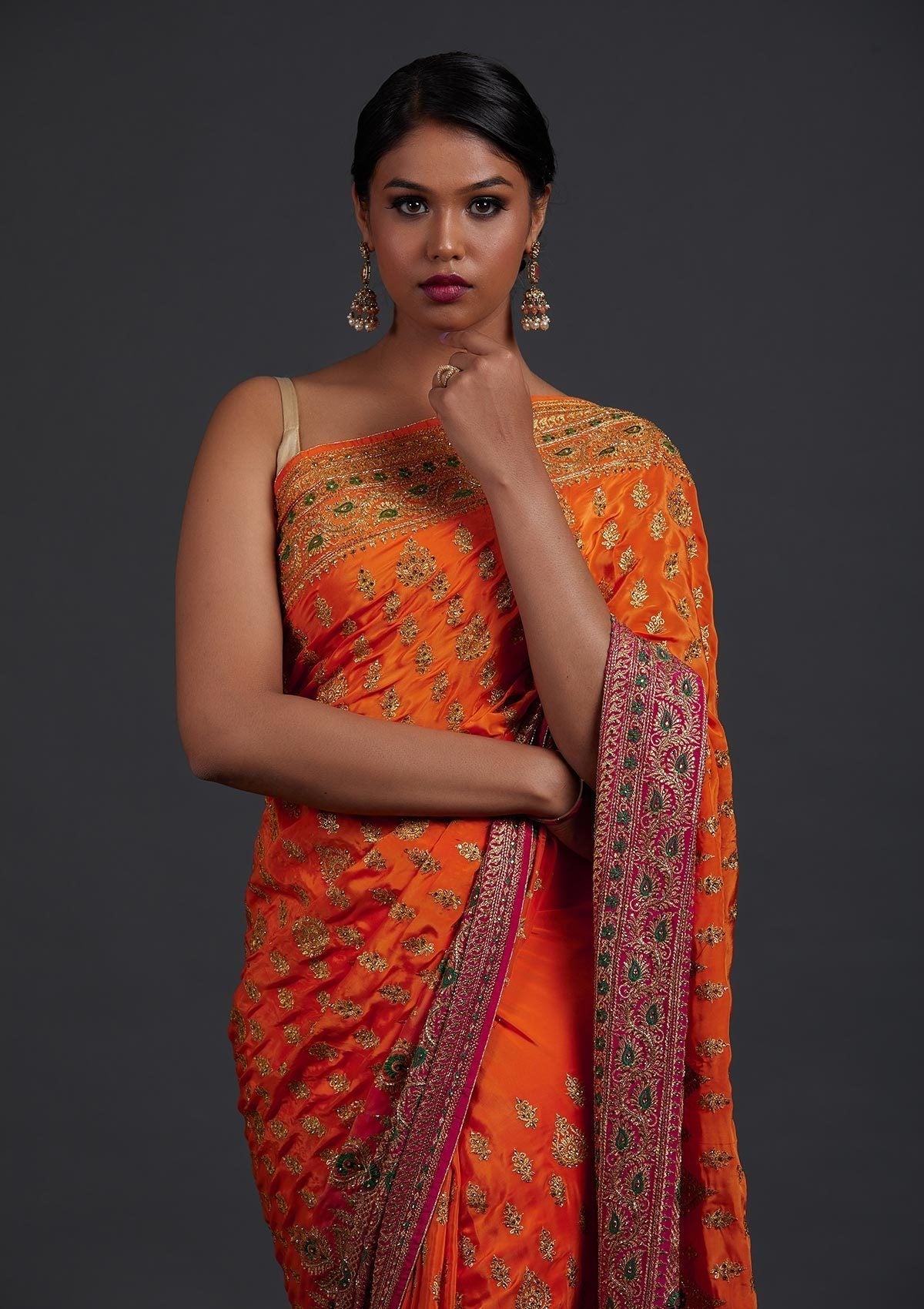 Orange Stonework Semi Crepe Designer Saree - Koskii