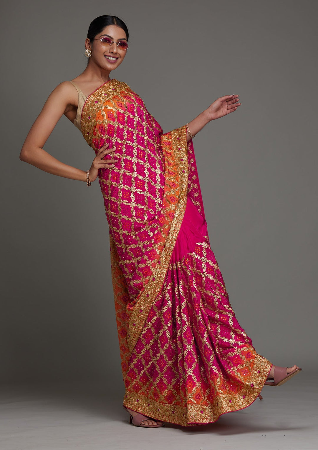 Rani Pink Stonework Semi Crepe Saree- Koskii