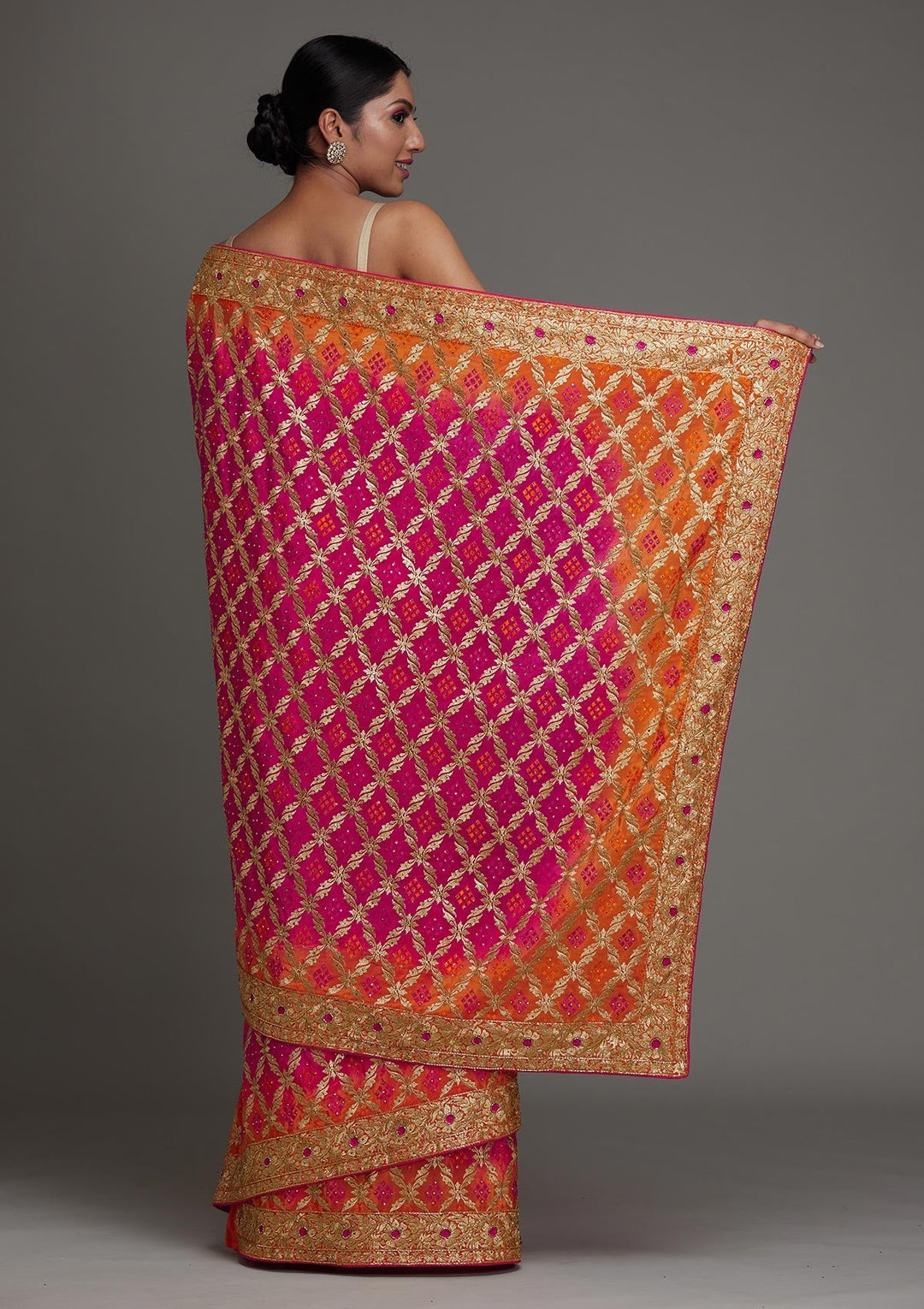 Rani Pink Stonework Semi Crepe Saree - Koskii