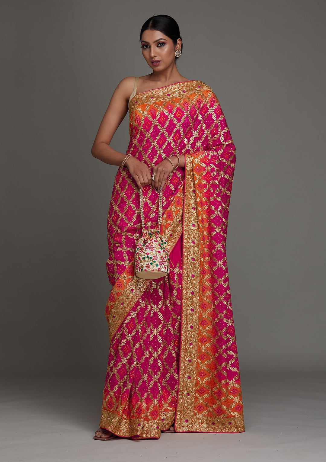 Rani Pink Stonework Semi Crepe Saree - Koskii
