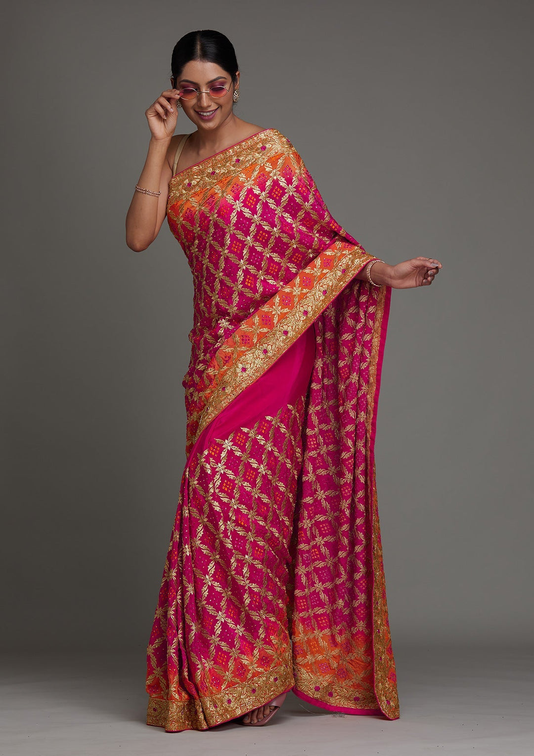 Rani Pink Stonework Semi Crepe Saree - Koskii