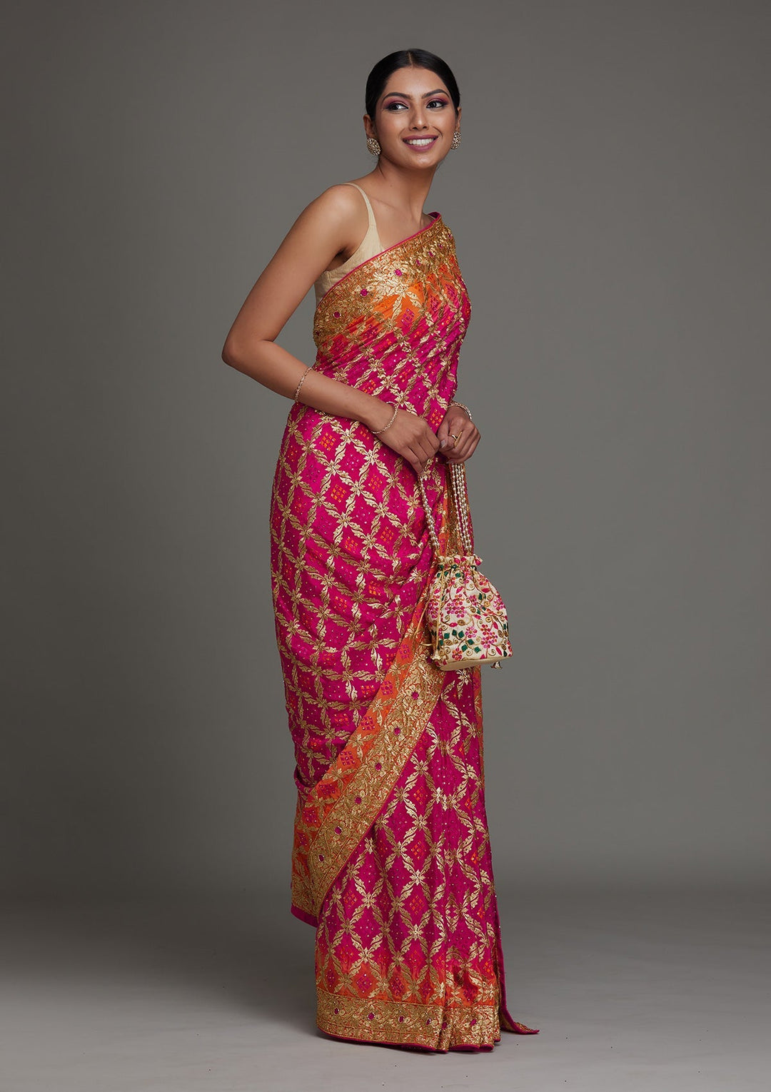 Rani Pink Stonework Semi Crepe Saree - Koskii