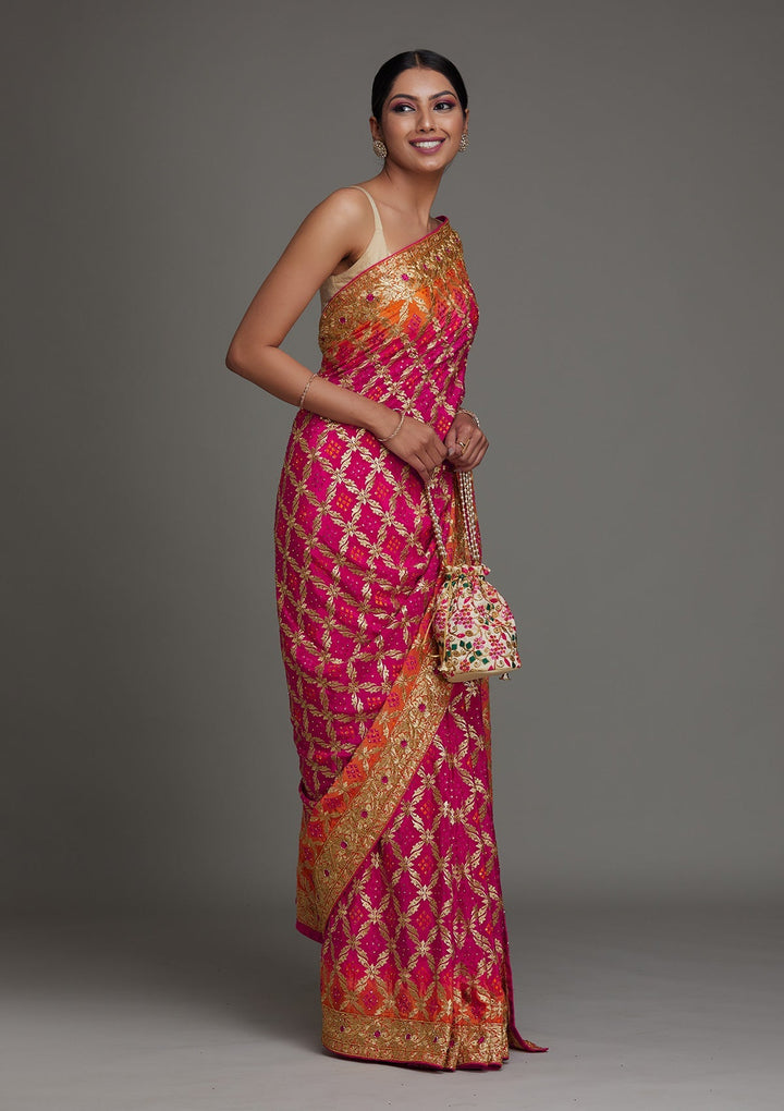 Rani Pink Stonework Semi Crepe Saree - Koskii