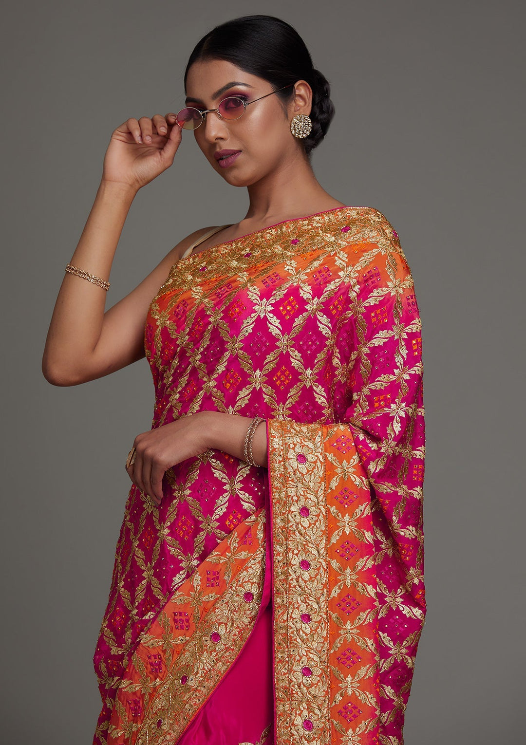 Rani Pink Stonework Semi Crepe Saree - Koskii