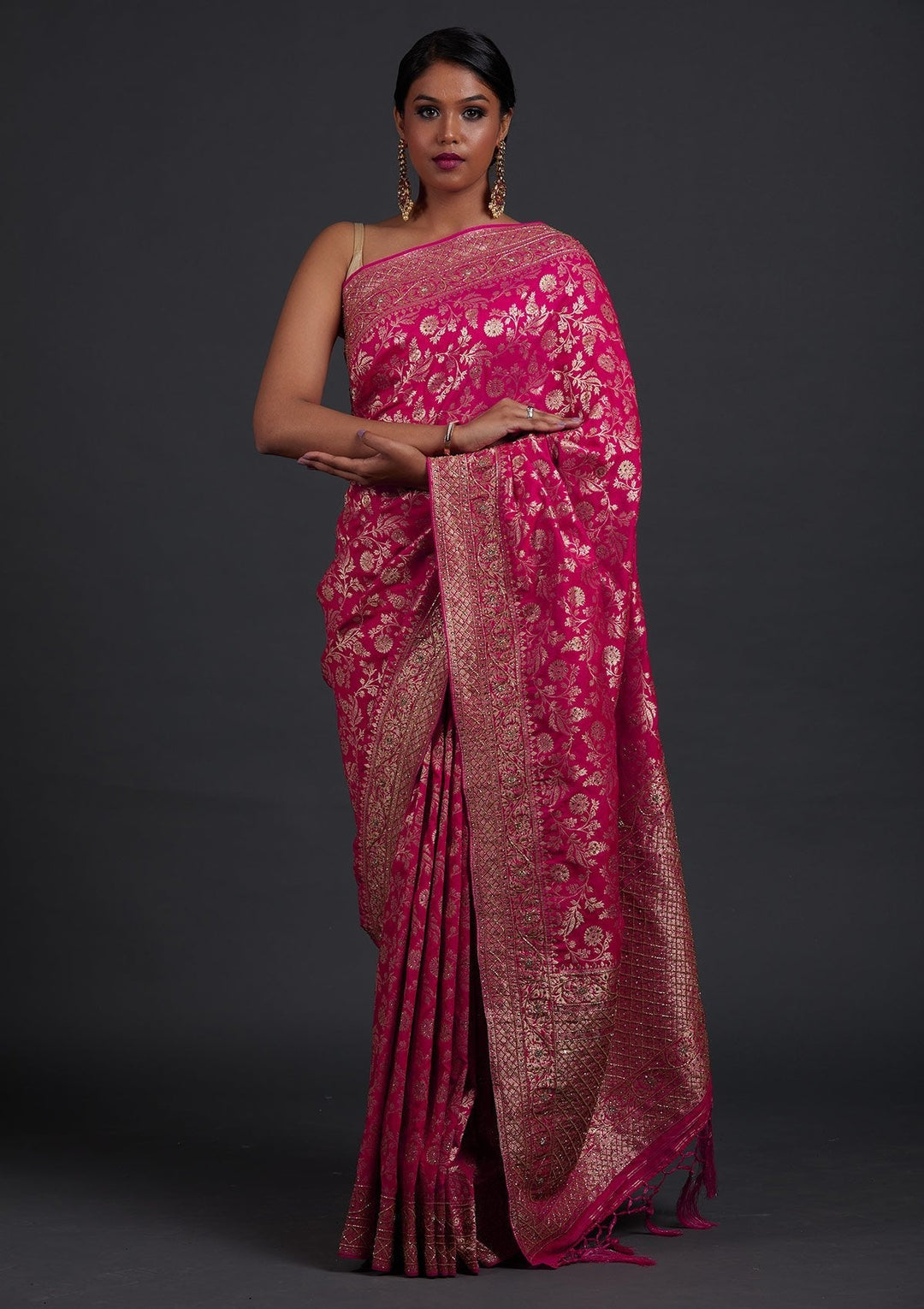 Rani Pink Stonework Semi Crepe Designer Saree - Koskii