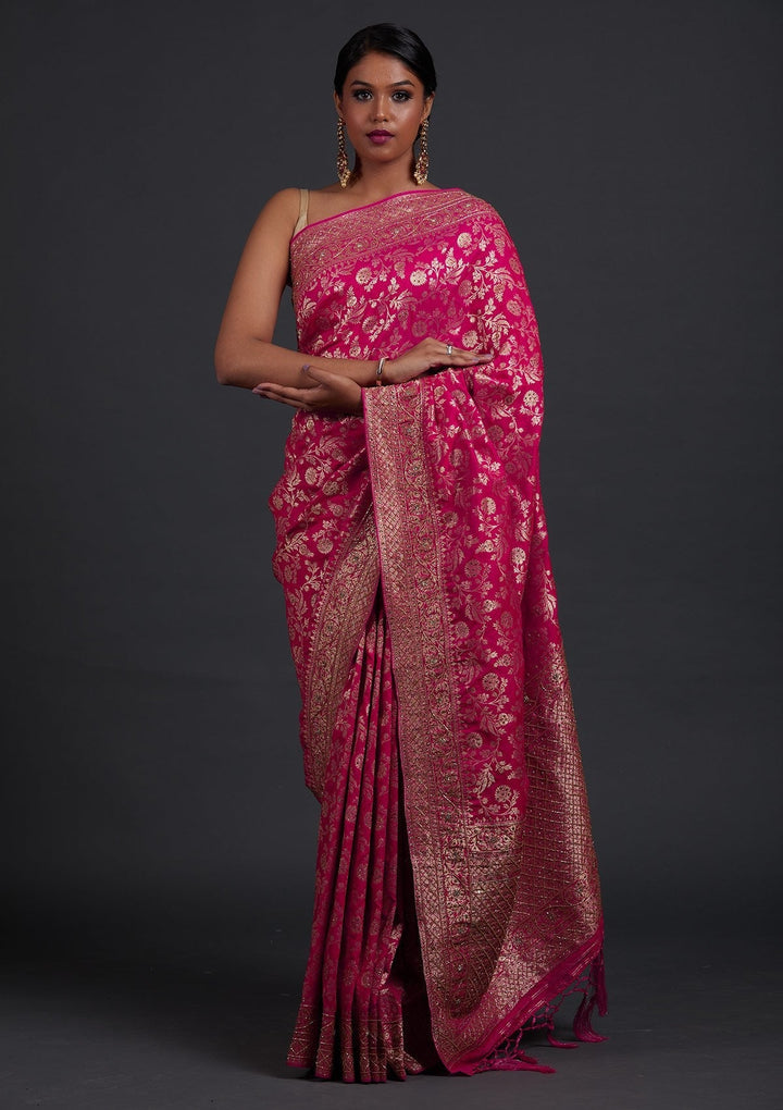 Rani Pink Stonework Semi Crepe Designer Saree - Koskii