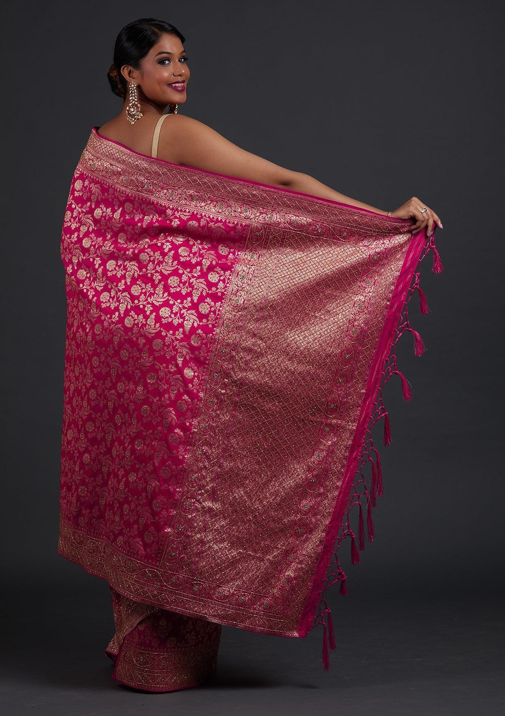 Rani Pink Stonework Semi Crepe Designer Saree - Koskii